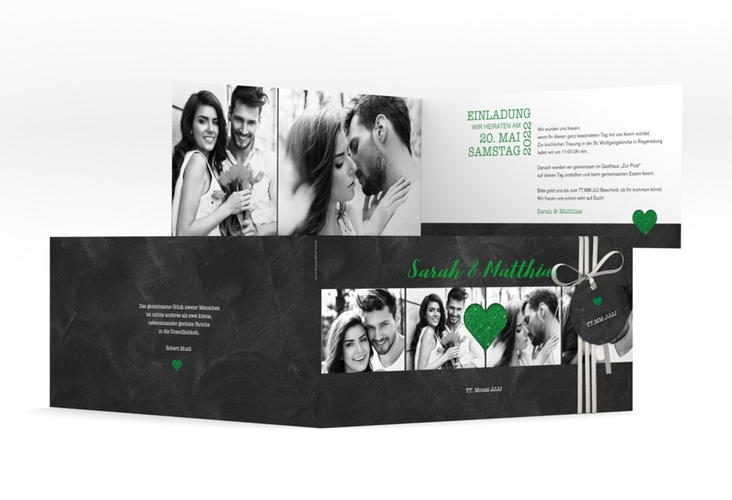 Hochzeitseinladung Sparkly lange Klappkarte quer gruen