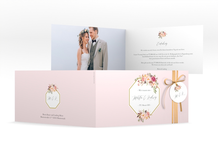 Hochzeitseinladung Prachtvoll lange Klappkarte quer rosa hochglanz