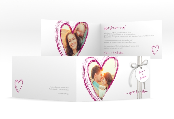 Hochzeitseinladung Liebe lange Klappkarte quer pink hochglanz