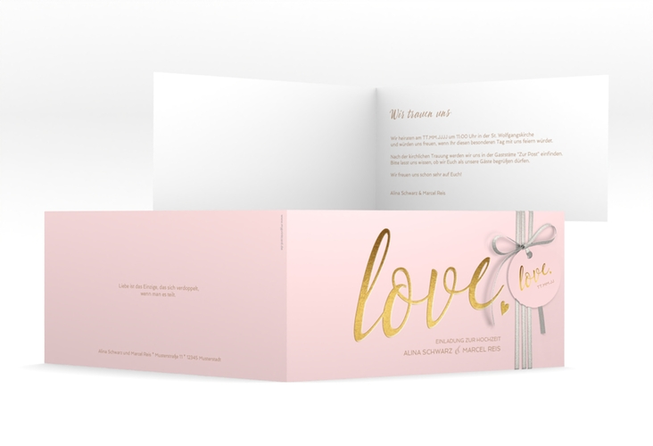 Hochzeitseinladung Glam lange Klappkarte quer rosa hochglanz
