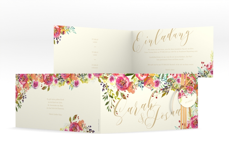 Hochzeitseinladung Flowerbomb lange Klappkarte quer beige hochglanz