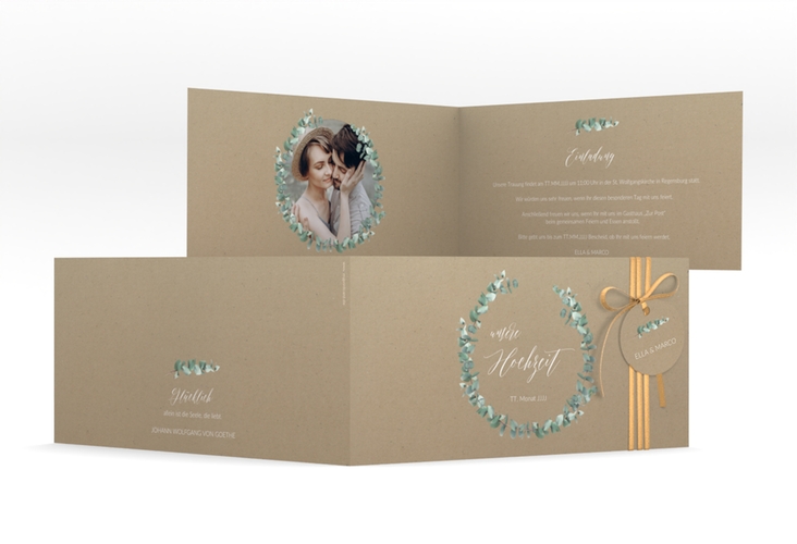 Hochzeitseinladung Silverleaf lange Klappkarte quer Kraftpapier mit Eukalyptus-Zweig
