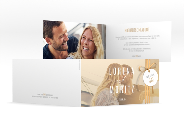 Hochzeitseinladung Memory lange Klappkarte quer beige