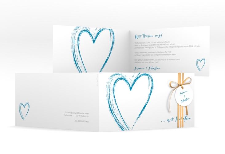Hochzeitseinladung Liebe lange Klappkarte quer tuerkis hochglanz