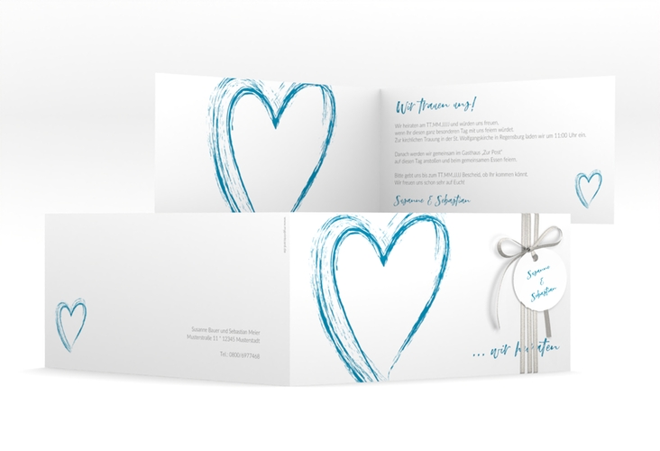 Hochzeitseinladung Liebe lange Klappkarte quer tuerkis hochglanz