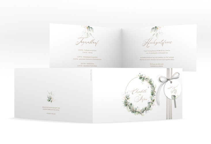 Hochzeitseinladung Selvatica lange Klappkarte quer weiss mit Eukalyptus-Kranz