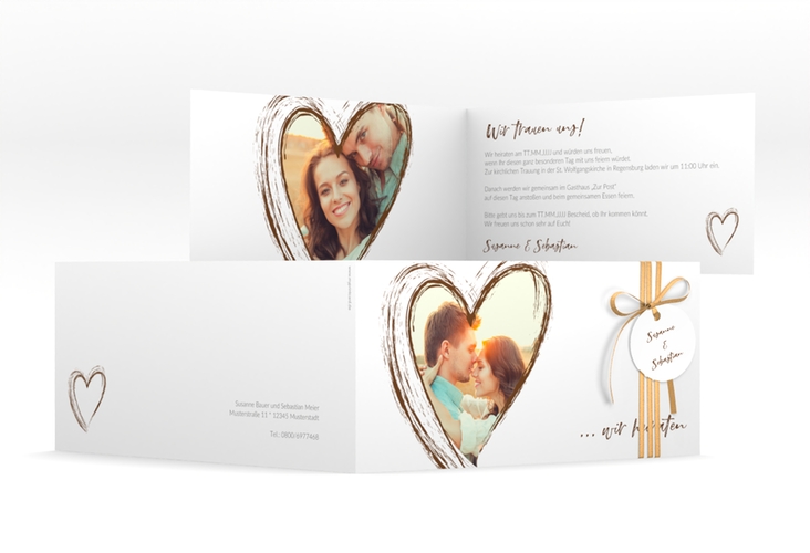 Hochzeitseinladung Liebe lange Klappkarte quer braun hochglanz
