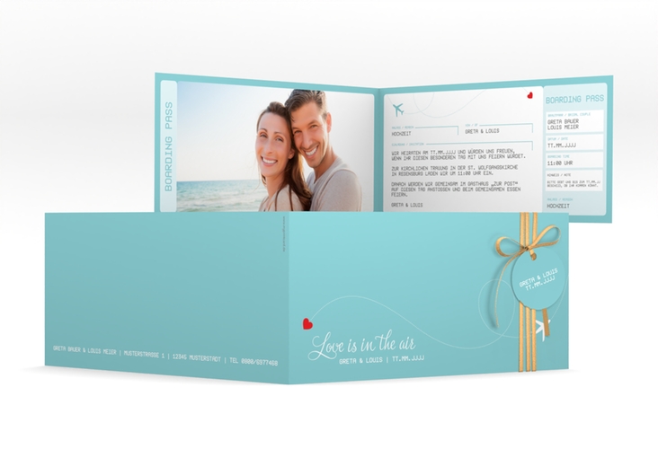 Hochzeitseinladung Weddingpass lange Klappkarte quer blau