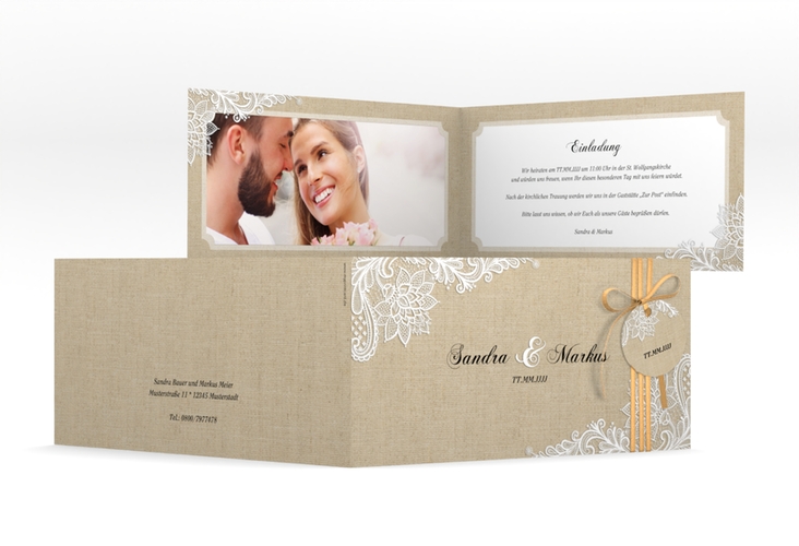 Hochzeitseinladung Lace lange Klappkarte quer in Leinen-Optik mit weißer Spitze