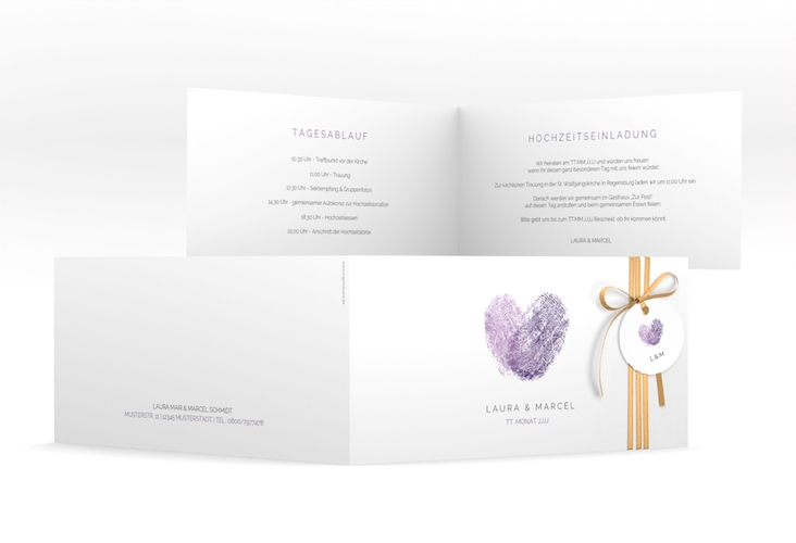 Hochzeitseinladung Fingerprint lange Klappkarte quer lila schlicht mit Fingerabdruck-Motiv