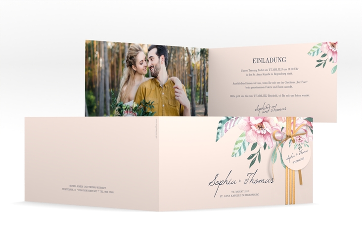 Hochzeitseinladung Blooming lange Klappkarte quer rosa