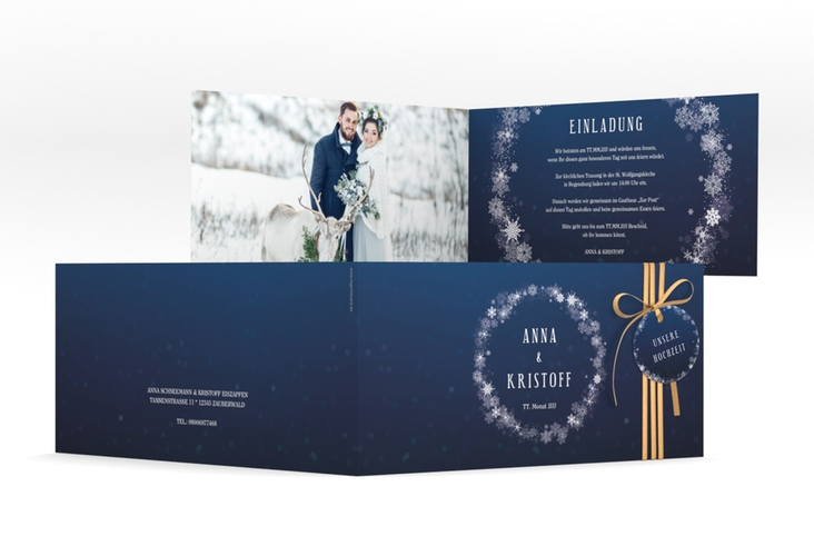 Hochzeitseinladung Winterdream lange Klappkarte quer blau mit Eisblumen