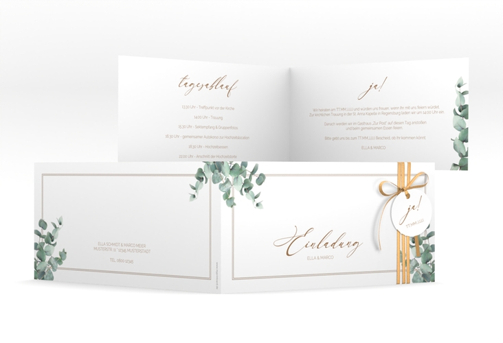 Hochzeitseinladung Eucalypt lange Klappkarte quer weiss mit Eukalyptus und edlem Rahmen