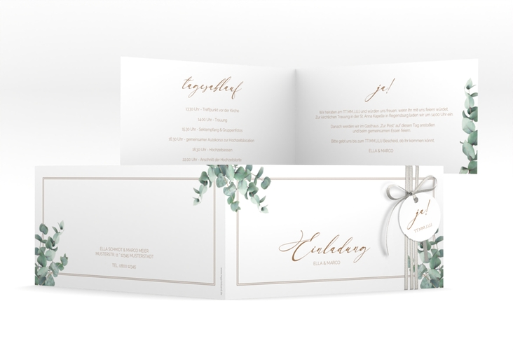 Hochzeitseinladung Eucalypt lange Klappkarte quer weiss mit Eukalyptus und edlem Rahmen