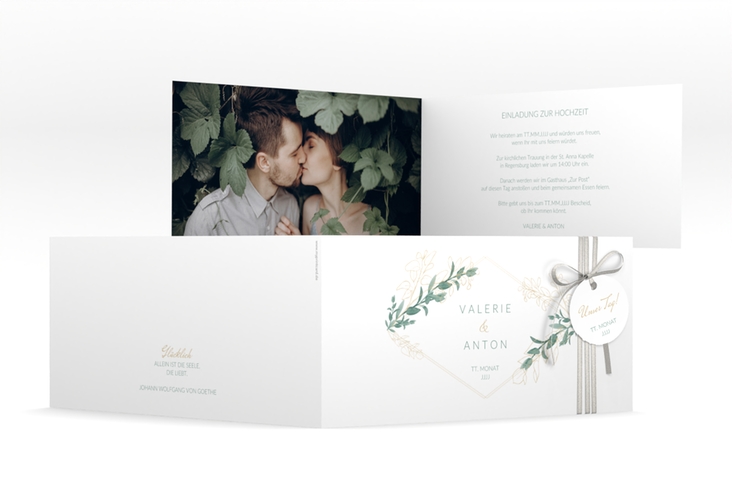 Hochzeitseinladung Verde lange Klappkarte quer weiss hochglanz