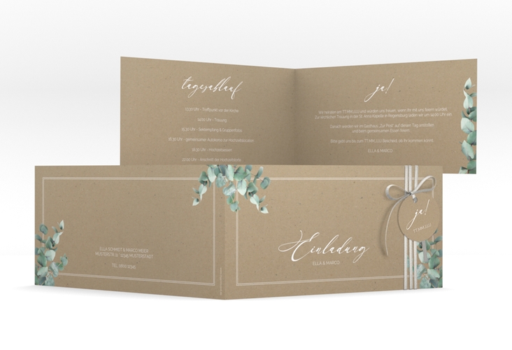 Hochzeitseinladung Eucalypt lange Klappkarte quer Kraftpapier mit Eukalyptus und edlem Rahmen