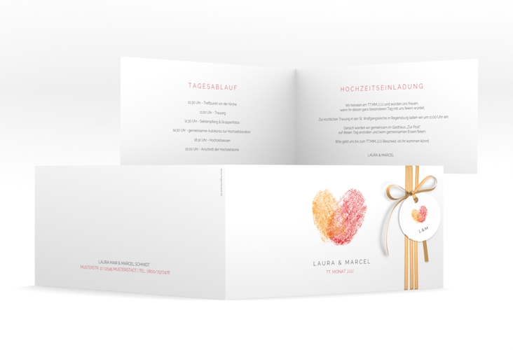 Hochzeitseinladung Fingerprint lange Klappkarte quer rot hochglanz schlicht mit Fingerabdruck-Motiv