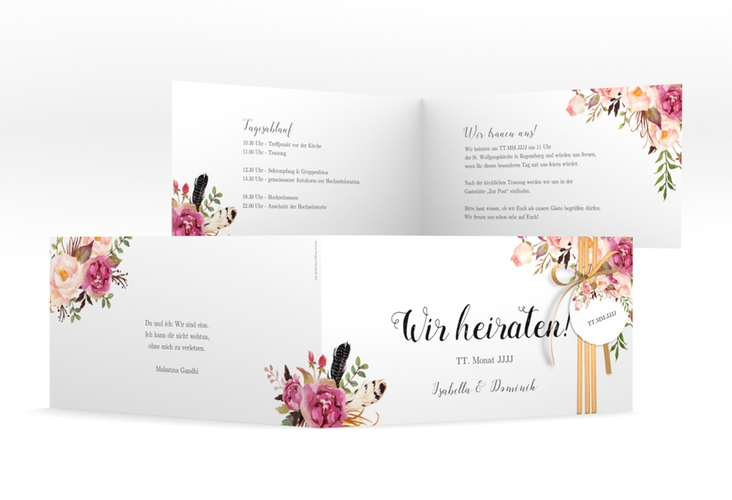 Hochzeitseinladung Flowers lange Klappkarte quer weiss hochglanz mit bunten Aquarell-Blumen