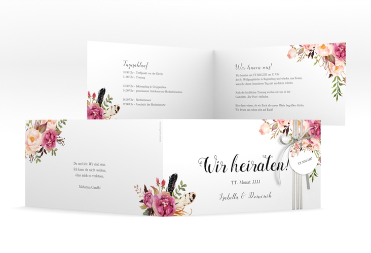 Hochzeitseinladung Flowers lange Klappkarte quer weiss hochglanz mit bunten Aquarell-Blumen