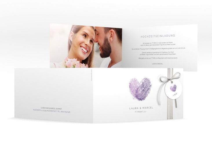Hochzeitseinladung Fingerprint lange Klappkarte quer lila schlicht mit Fingerabdruck-Motiv