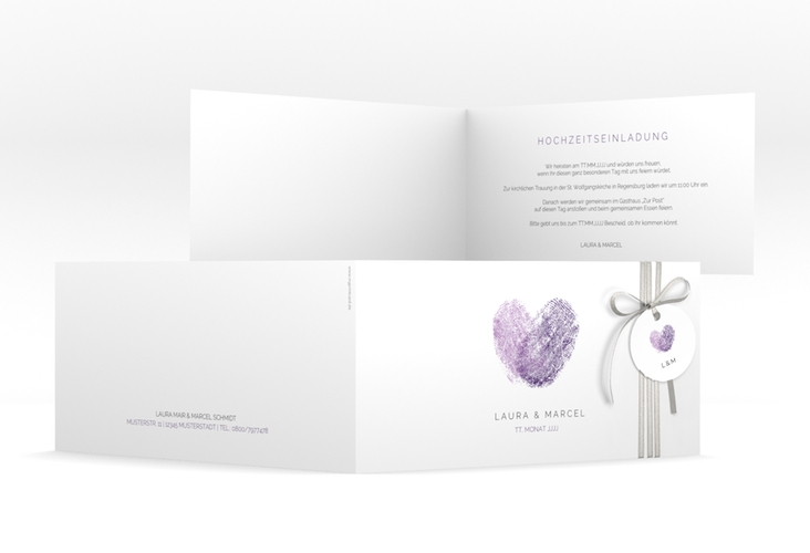 Hochzeitseinladung Fingerprint lange Klappkarte quer lila hochglanz schlicht mit Fingerabdruck-Motiv