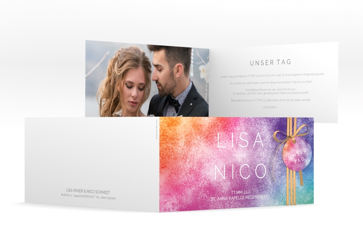 Hochzeitseinladung Colorful lange Klappkarte quer bunt hochglanz