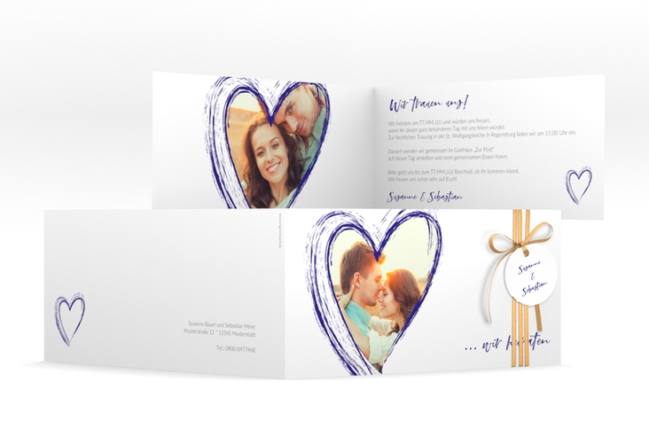 Hochzeitseinladung Liebe lange Klappkarte quer blau hochglanz