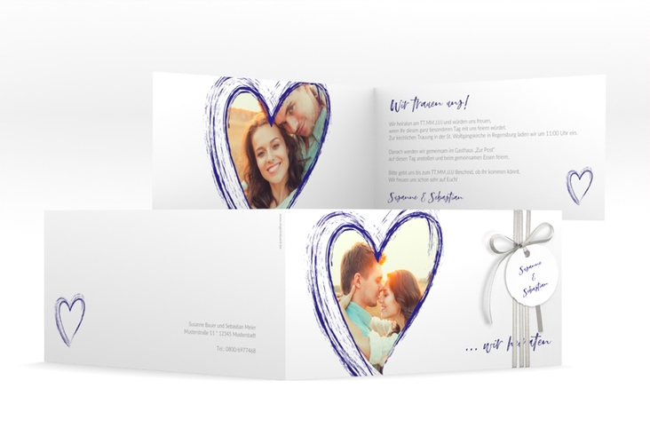 Hochzeitseinladung Liebe lange Klappkarte quer blau hochglanz
