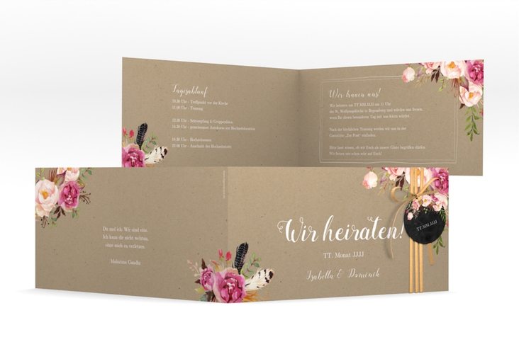 Hochzeitseinladung Flowers lange Klappkarte quer Kraftpapier hochglanz mit bunten Aquarell-Blumen