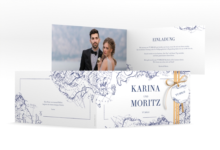 Hochzeitseinladung Voyage lange Klappkarte quer blau