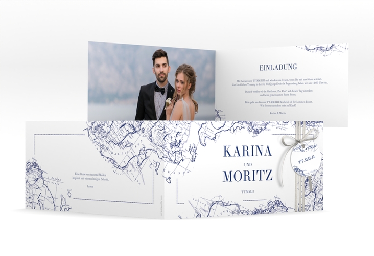 Hochzeitseinladung Voyage lange Klappkarte quer blau