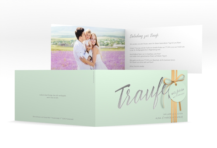 Hochzeitseinladung Traufe lange Klappkarte quer mint hochglanz