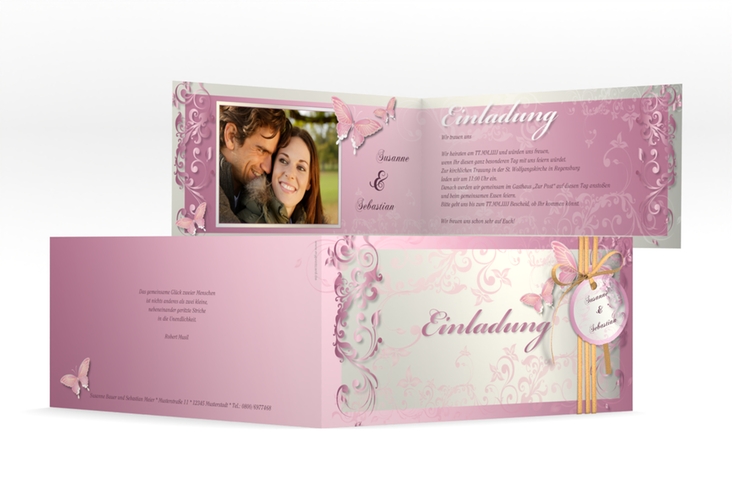 Hochzeitseinladung Toulouse lange Klappkarte quer rosa