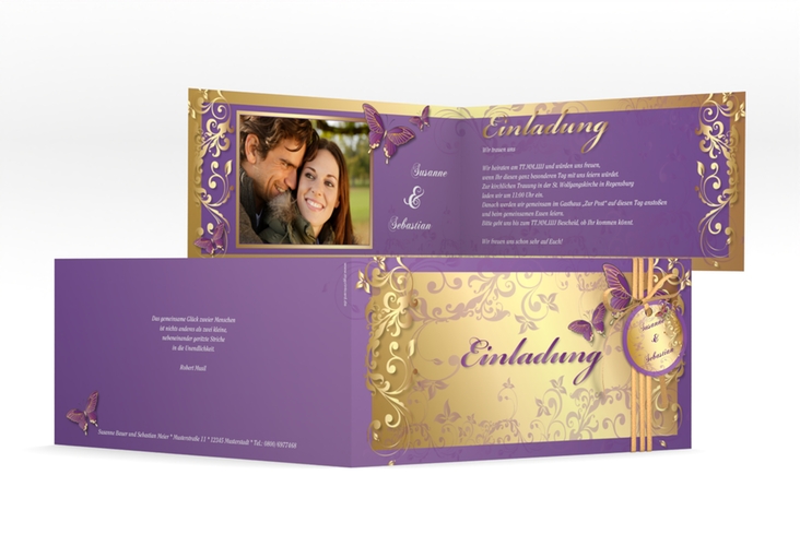 Hochzeitseinladung Toulouse lange Klappkarte quer lila hochglanz