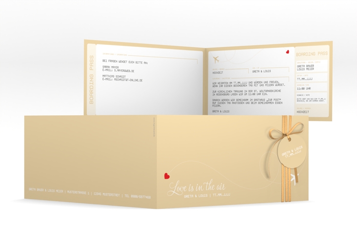 Hochzeitseinladung Weddingpass lange Klappkarte quer beige