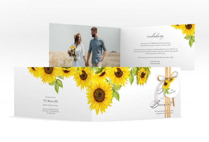 Hochzeitseinladung "Sonnenblume" lange Klappkarte quer weiss