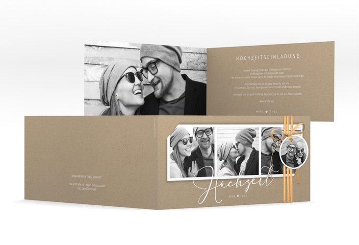 Hochzeitseinladung Crafty lange Klappkarte quer hochglanz mit drei Fotos