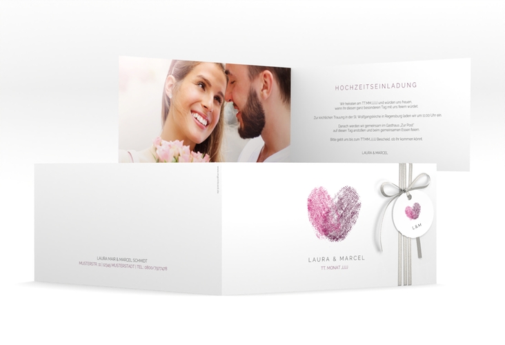 Hochzeitseinladung Fingerprint lange Klappkarte quer schlicht mit Fingerabdruck-Motiv