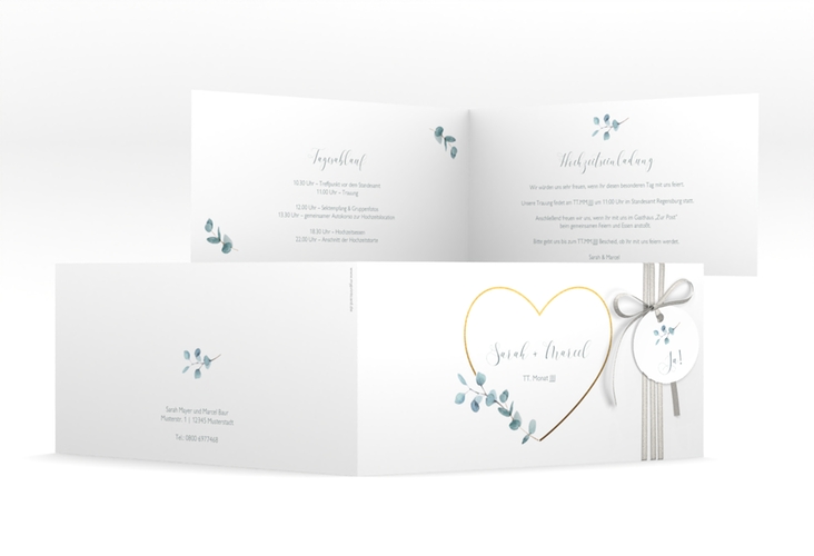 Hochzeitseinladung Greenheart lange Klappkarte quer hochglanz mit elegantem Herz und Eukalyptus-Zweig
