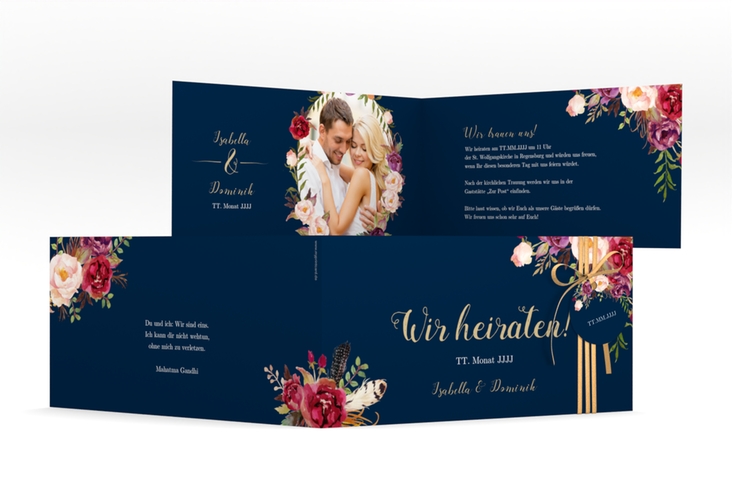 Hochzeitseinladung Flowers lange Klappkarte quer blau hochglanz mit bunten Aquarell-Blumen