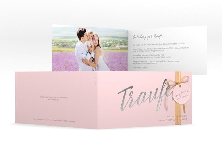 Hochzeitseinladung Traufe lange Klappkarte quer rosa