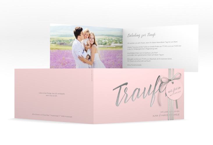 Hochzeitseinladung Traufe lange Klappkarte quer rosa