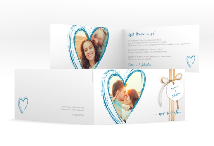 Hochzeitseinladung Liebe lange Klappkarte quer tuerkis
