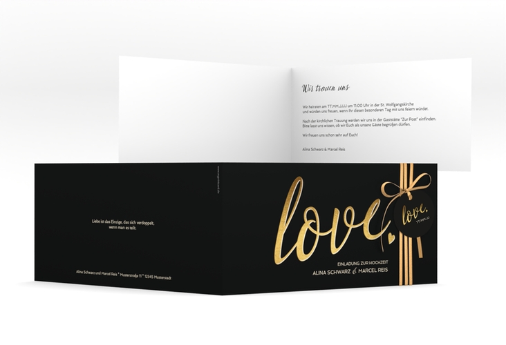 Hochzeitseinladung Glam lange Klappkarte quer schwarz hochglanz