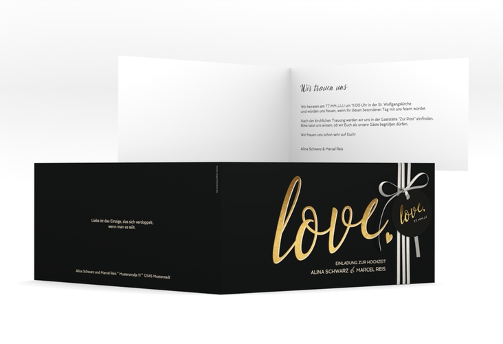 Hochzeitseinladung Glam lange Klappkarte quer schwarz hochglanz