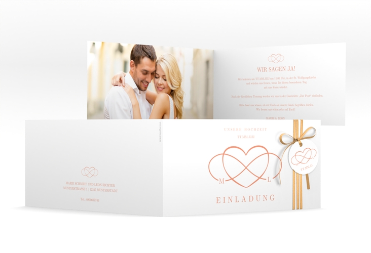 Hochzeitseinladung Infinity lange Klappkarte quer apricot