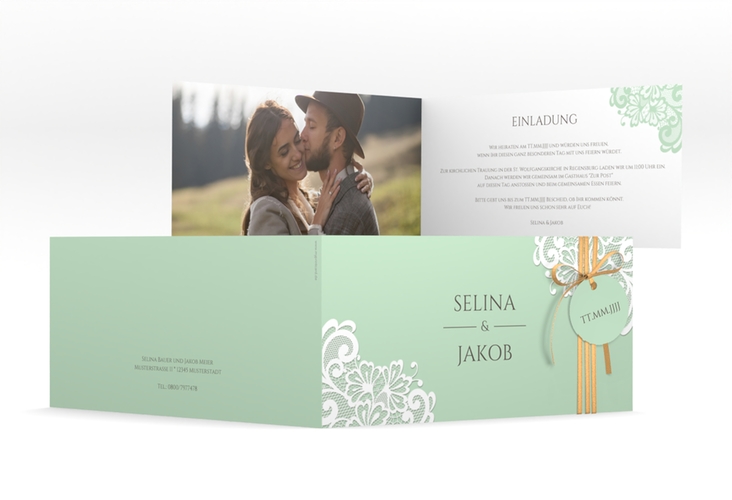 Hochzeitseinladung Vintage lange Klappkarte quer mint mit floraler Spitze