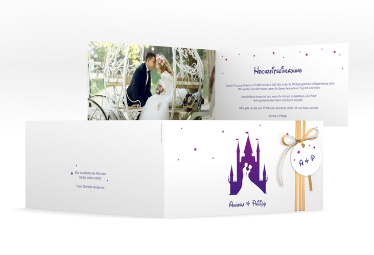 Hochzeitseinladung Castle lange Klappkarte quer lila hochglanz