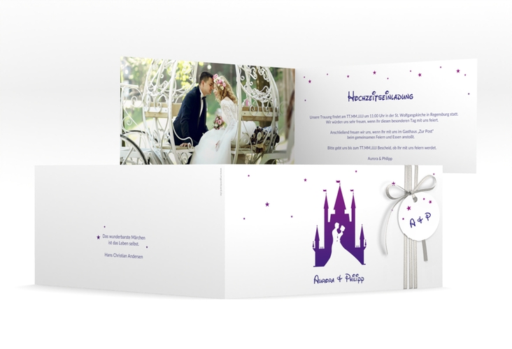 Hochzeitseinladung Castle lange Klappkarte quer lila hochglanz