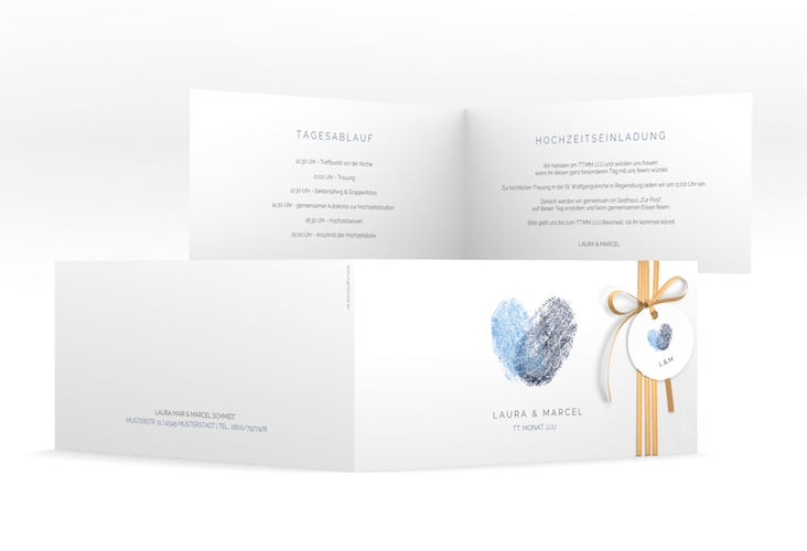 Hochzeitseinladung Fingerprint lange Klappkarte quer blau hochglanz schlicht mit Fingerabdruck-Motiv
